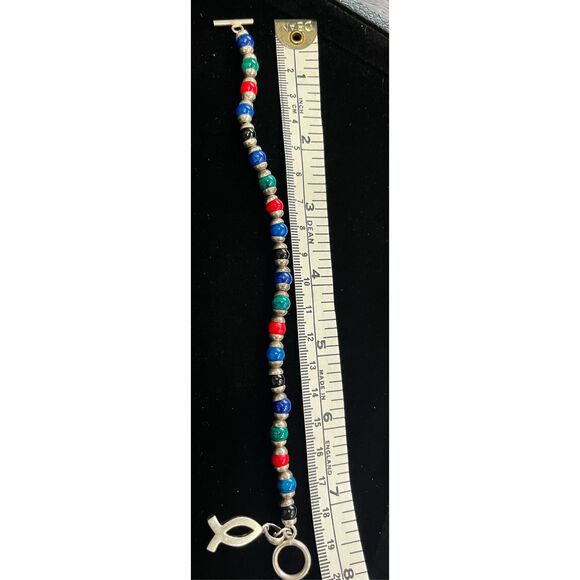 Sterling  Beaded Bracelet Multi-Gemstone Faith Fish Charm & Toggle Clasp, 17g - Picture 2 of 3